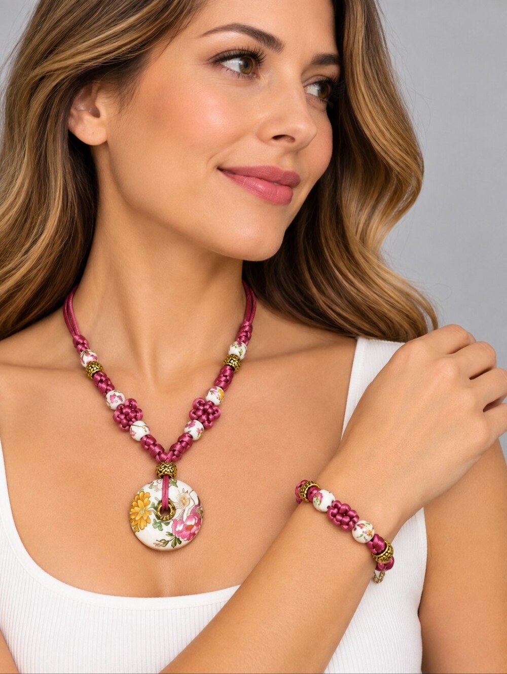 Vintage 1980s Floral Silk Chinese Knot Beaded Necklace Bracelet Set